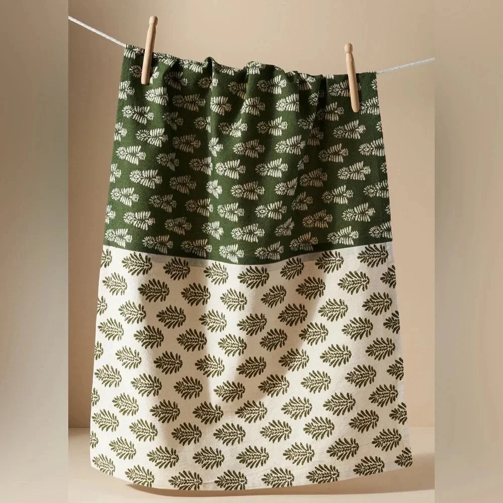 Anthropologie Dish Towel Block Print Olive beige Trudy tea home decor cotton